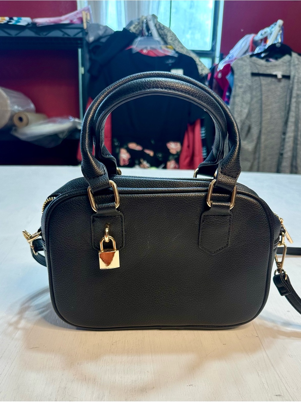 Kayla Ava Black Faux Leather Satchel Crossbody Bag Gold Hardware Floral Lining - Picture 2 of 11